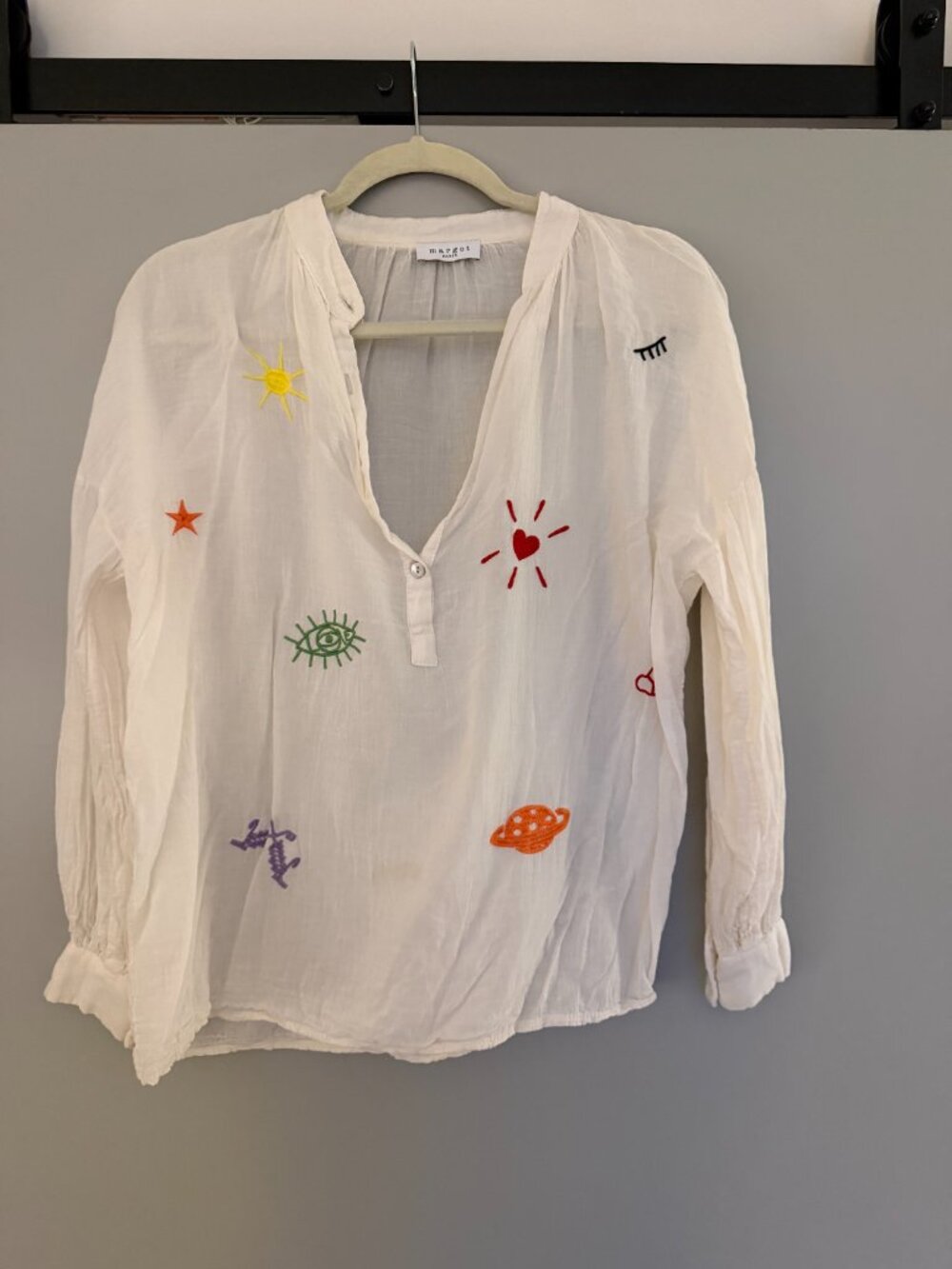 White Embroidered Boho Blouse with Colorful Motifs